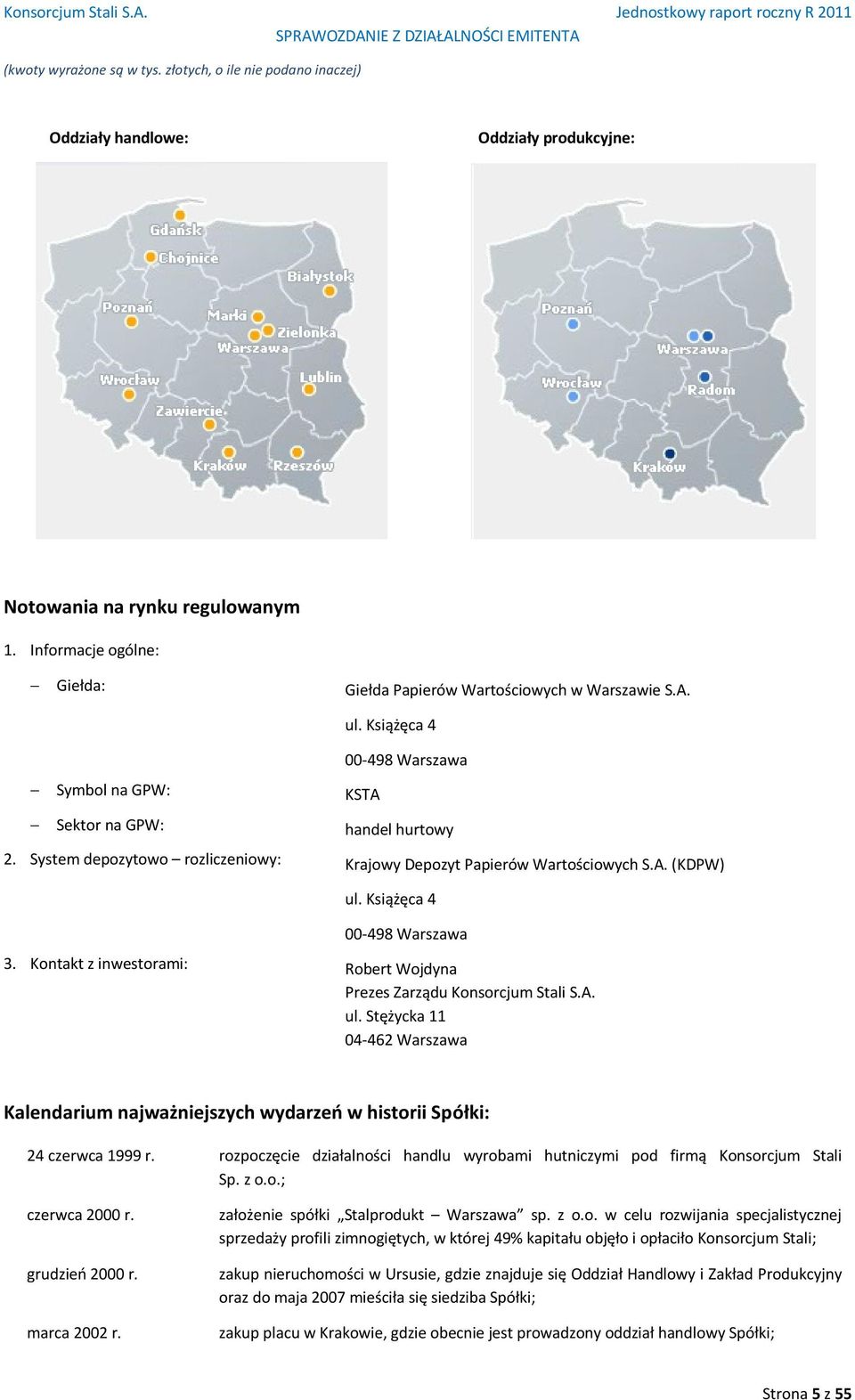 Kontakt z inwestorami: Robert Wojdyna Prezes Zarządu Konsorcjum Stali S.A. ul. Stężycka 11 04-462 Warszawa Kalendarium najważniejszych wydarzeń w historii Spółki: 24 czerwca 1999 r.