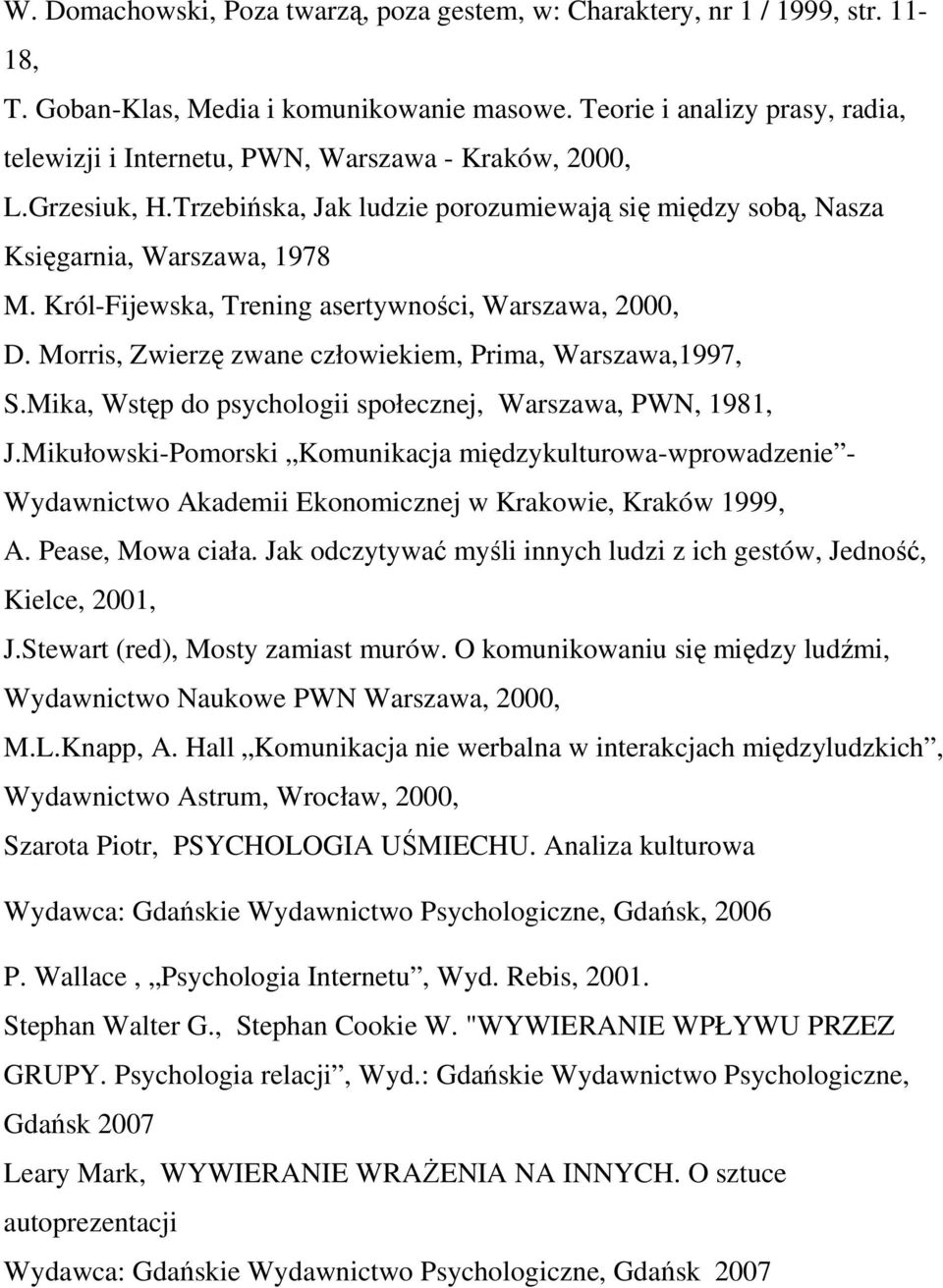 Król-Fijewska, Trening asertywności, Warszawa, 2000, D. Morris, Zwierzę zwane człowiekiem, Prima, Warszawa,1997, S.Mika, Wstęp do psychologii społecznej, Warszawa, PWN, 1981, J.