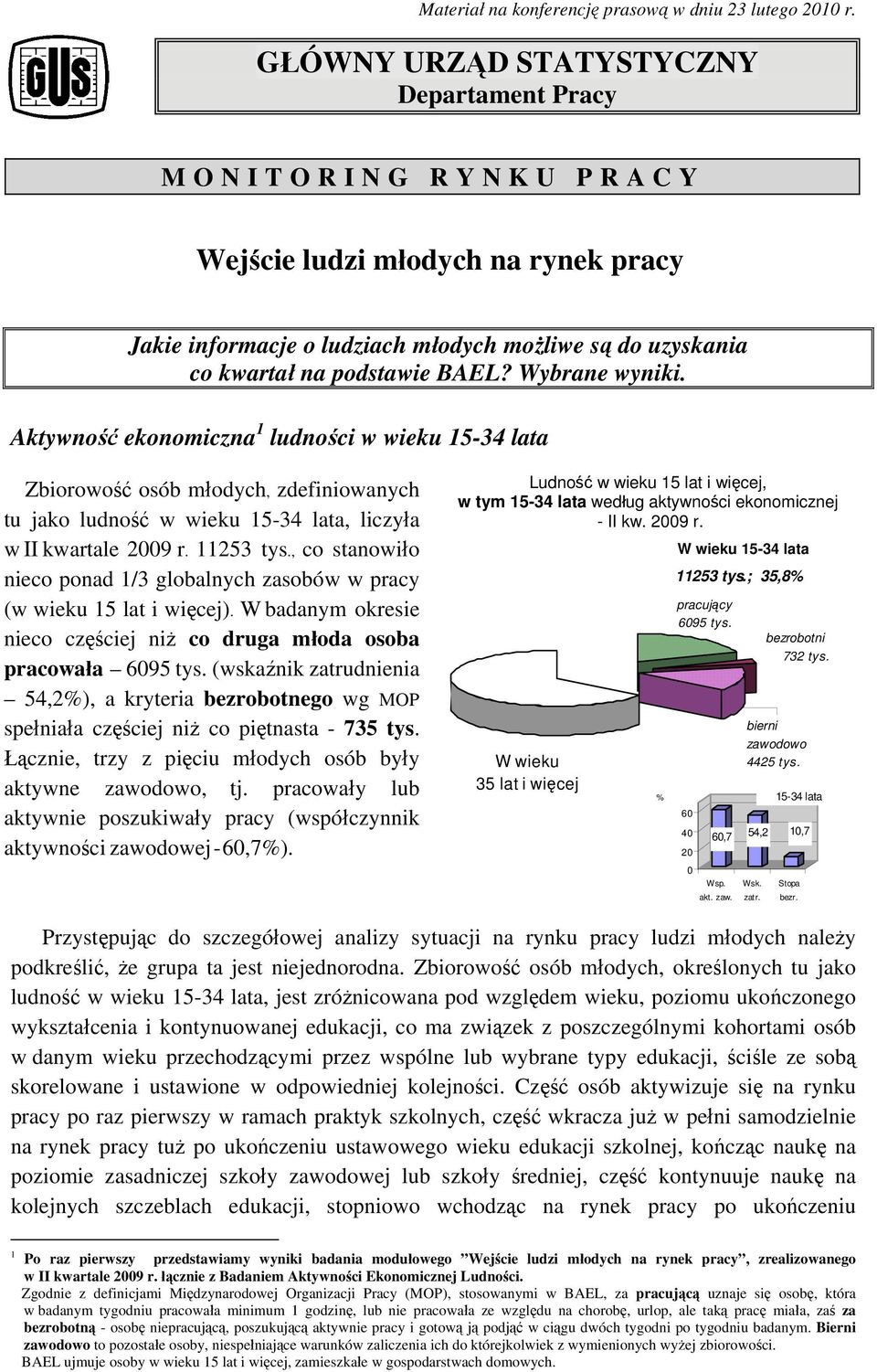 Wybrane wyniki. Aktywność ekonomiczna 1 ludności w wieku 15-34 lata Zbiorowość osób młodych, zdefiniowanych tu jako ludność w wieku 15-34 lata, liczyła w II kwartale 29 r. 11253 tys.