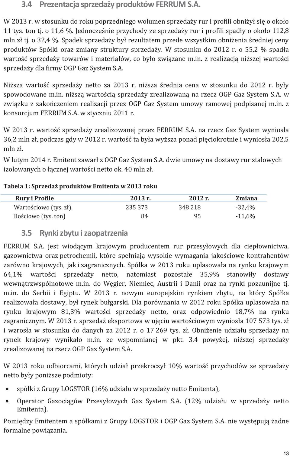 Spadek sprzedaży był rezultatem przede wszystkim obniżenia średniej ceny produktów Spółki oraz zmiany struktury sprzedaży. W stosunku do 2012 r.