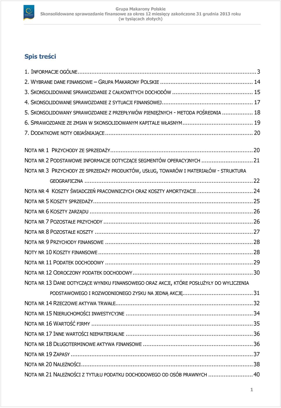 .. 19 7. DODATKOWE NOTY OBJAŚNIAJĄCE... 20 NOTA NR 1 PRZYCHODY ZE SPRZEDAŻY... 20 NOTA NR 2 PODSTAWOWE INFORMACJE DOTYCZĄCE SEGMENTÓW OPERACYJNYCH.