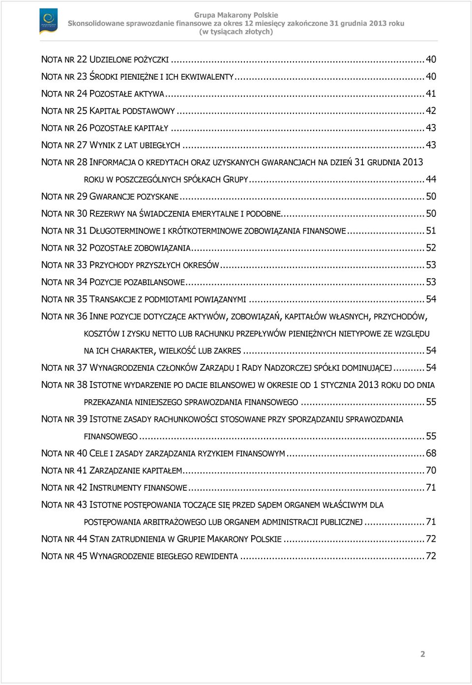 .. 44 NOTA NR 29 GWARANCJE POZYSKANE... 50 NOTA NR 30 REZERWY NA ŚWIADCZENIA EMERYTALNE I PODOBNE... 50 NOTA NR 31 DŁUGOTERMINOWE I KRÓTKOTERMINOWE ZOBOWIĄZANIA FINANSOWE.