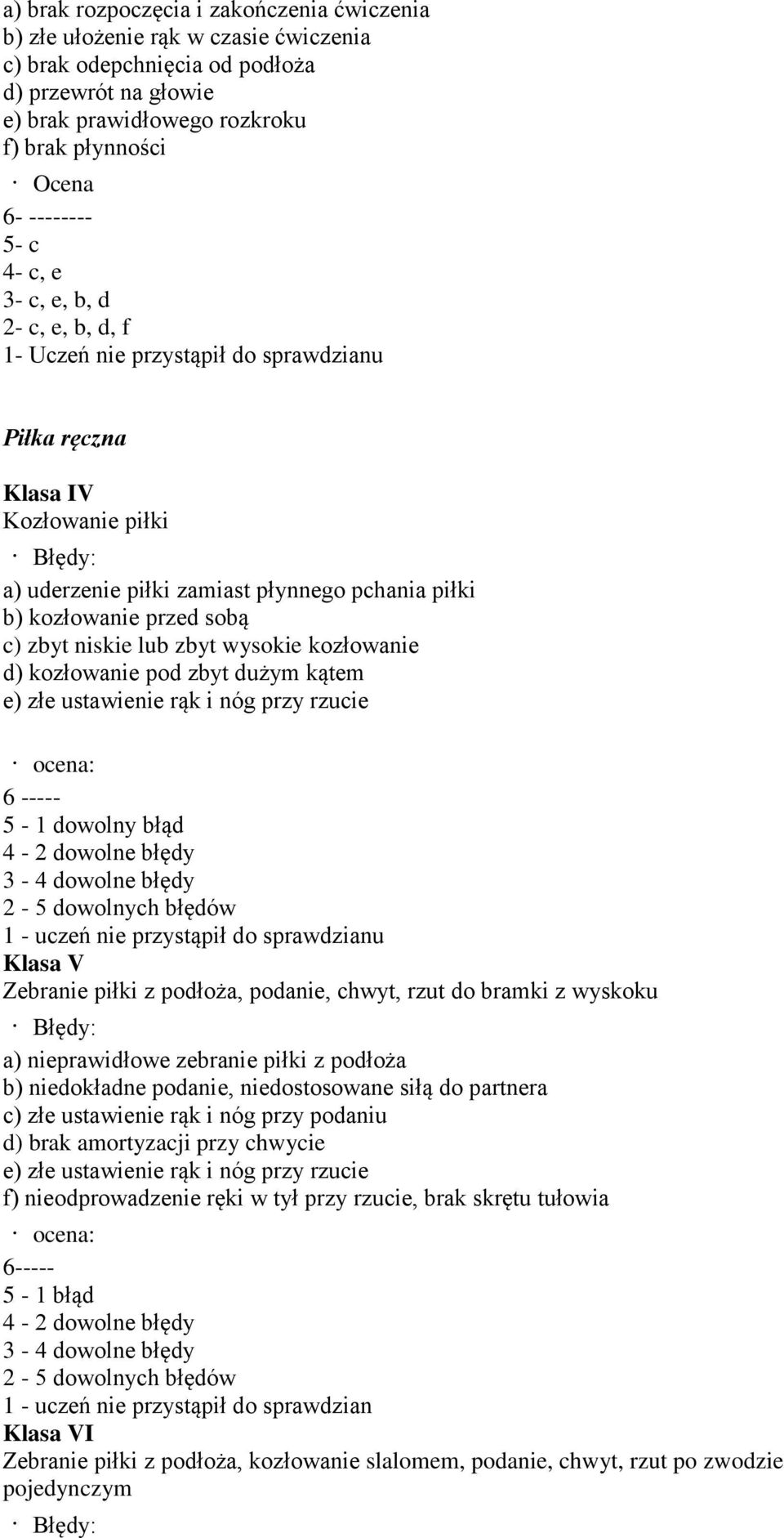 kozłowanie przed sobą c) zbyt niskie lub zbyt wysokie kozłowanie d) kozłowanie pod zbyt dużym kątem e) złe ustawienie rąk i nóg przy rzucie ocena: 6 ----- 5-1 dowolny błąd 4-2 dowolne błędy 3-4