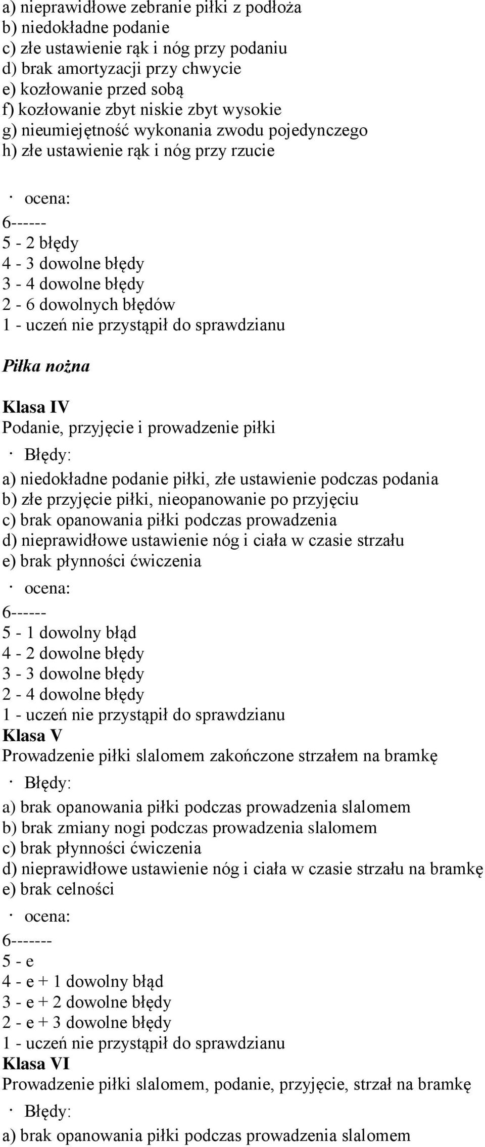 przystąpił do sprawdzianu Piłka nożna Klasa IV Podanie, przyjęcie i prowadzenie piłki Błędy: a) niedokładne podanie piłki, złe ustawienie podczas podania b) złe przyjęcie piłki, nieopanowanie po