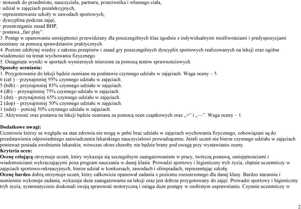 Postęp w opanowaniu umiejętności przewidziany dla poszczególnych klas zgodnie z indywidualnymi możliwościami i predyspozycjami oceniany za pomocą sprawdzianów praktycznych. 4.