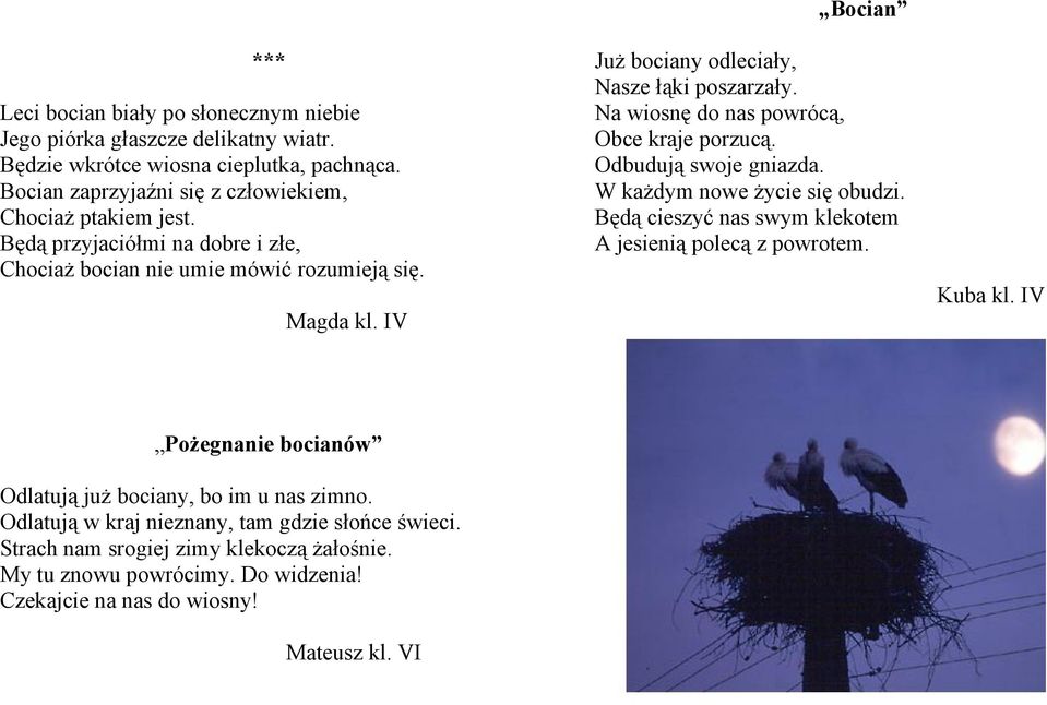 Na wiosnę do nas powrócą, Obce kraje porzucą. Odbudują swoje gniazda. W każdym nowe życie się obudzi. Będą cieszyć nas swym klekotem A jesienią polecą z powrotem. Kuba kl.