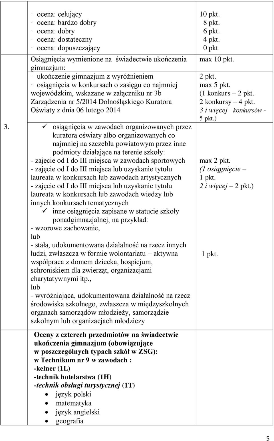 osiągnięcia w zawodach organizowanych przez kuratora oświaty albo organizowanych co najmniej na szczeblu powiatowym przez inne podmioty działające na terenie szkoły: - zajęcie od I do III miejsca w