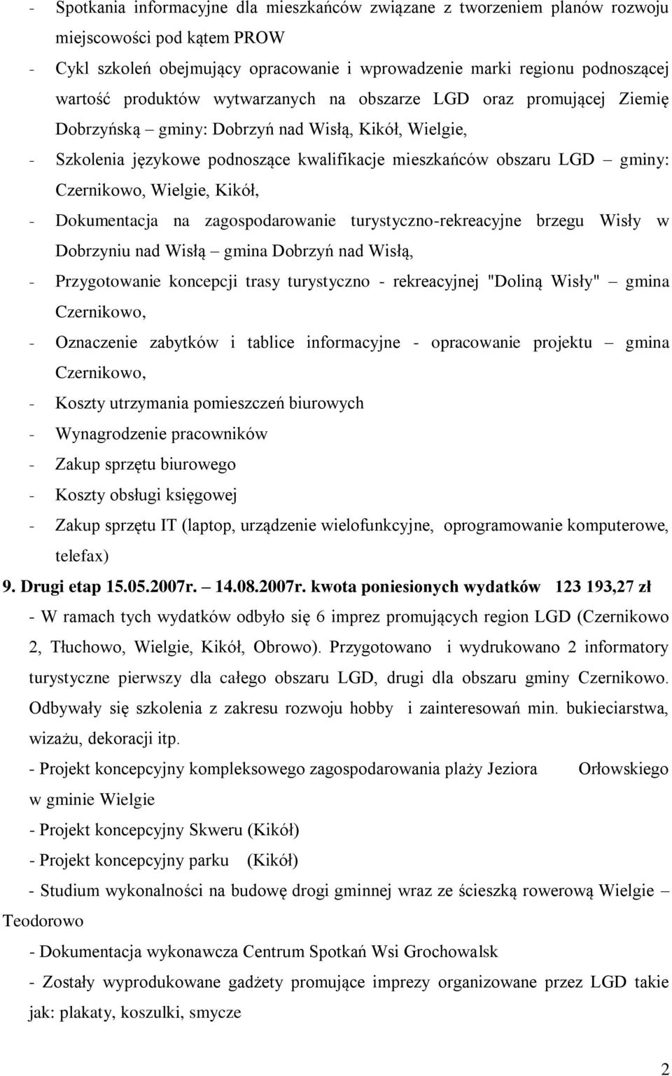 Czernikowo, Wielgie, Kikół, - Dokumentacja na zagospodarowanie turystyczno-rekreacyjne brzegu Wisły w Dobrzyniu nad Wisłą gmina Dobrzyń nad Wisłą, - Przygotowanie koncepcji trasy turystyczno -