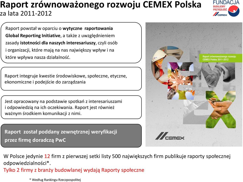 Raport integruje kwestie środowiskowe, społeczne, etyczne, ekonomiczne i podejście do zarządzania Jest opracowany na podstawie spotkao z interesariuszami i odpowiedzią na ich oczekiwania.