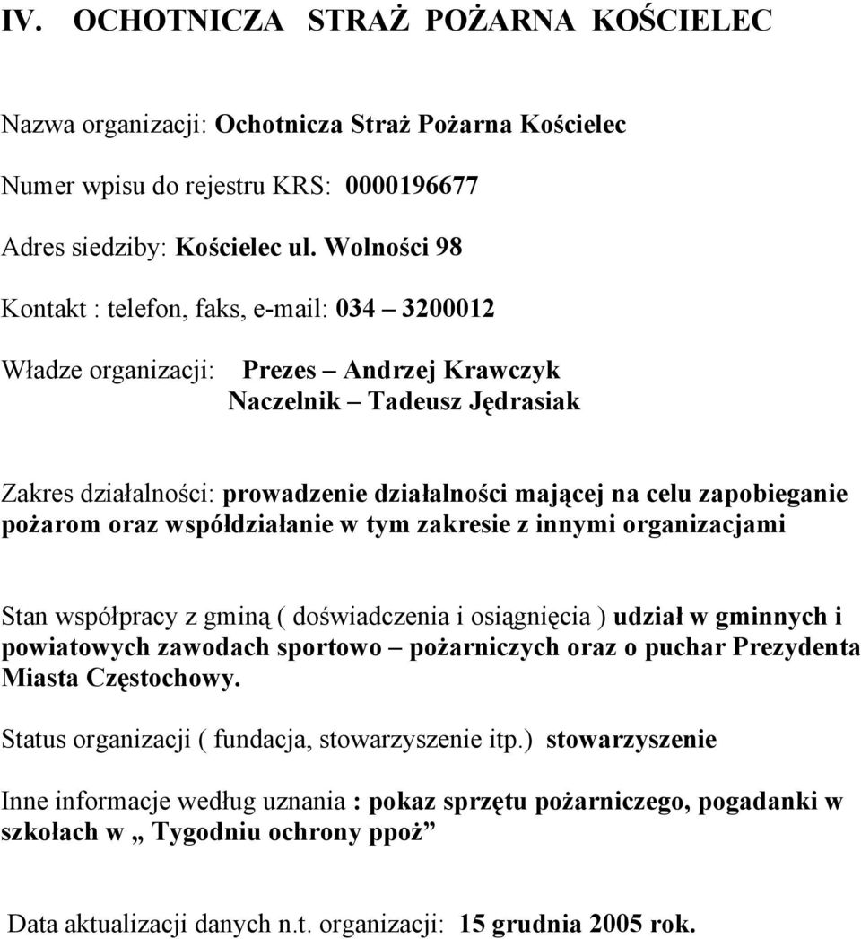 innymi organizacjami Stan współpracy z gminą ( doświadczenia i osiągnięcia ) udział w gminnych i powiatowych zawodach sportowo pożarniczych oraz o puchar Prezydenta Miasta