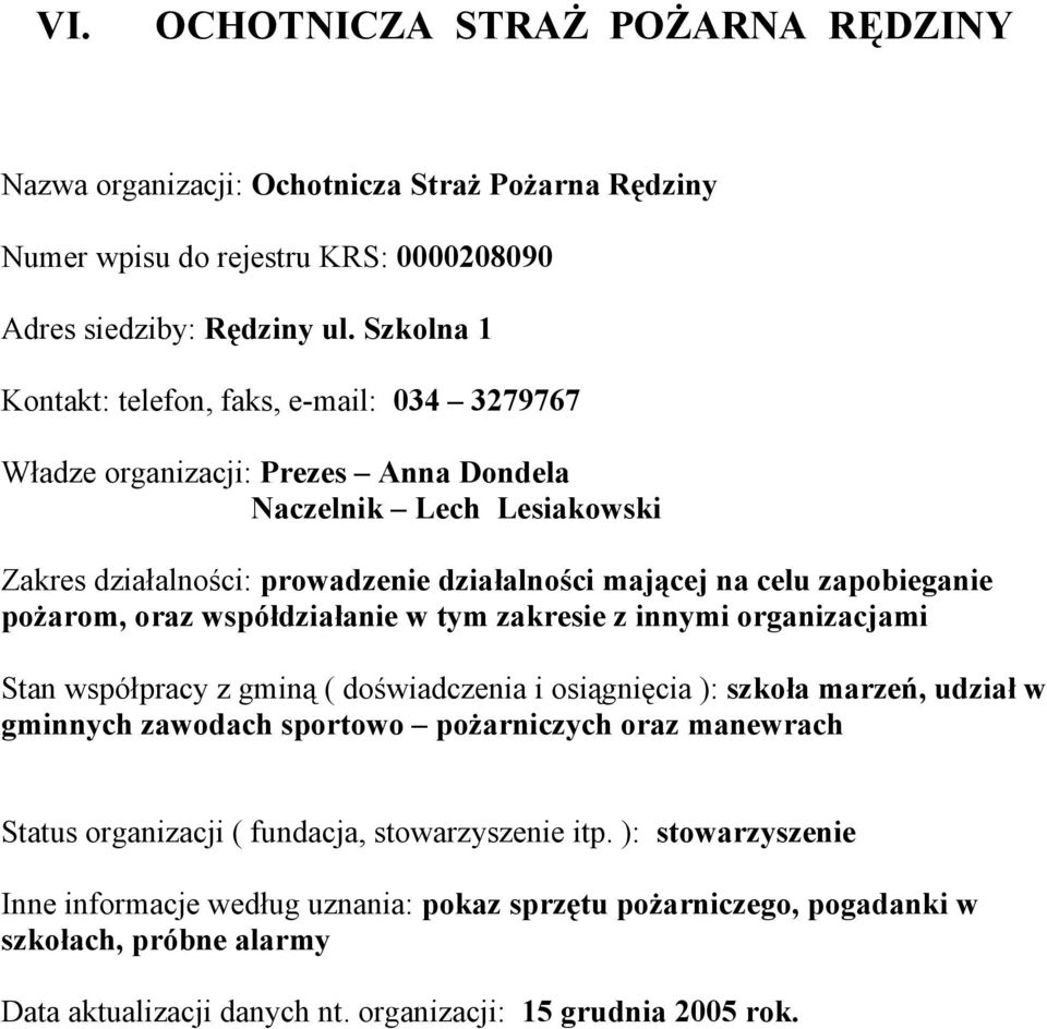 organizacjami Stan współpracy z gminą ( doświadczenia i osiągnięcia ): szkoła marzeń, udział w gminnych zawodach sportowo pożarniczych oraz manewrach Status organizacji (