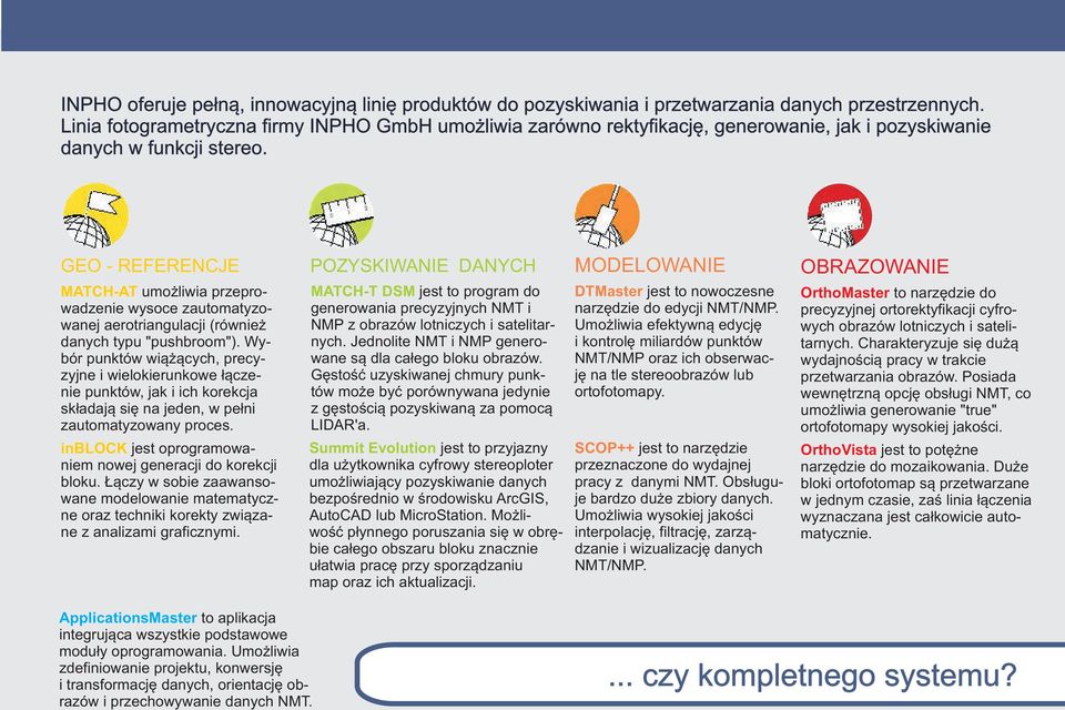 GEO - REFERENCJE POZYSKIWANIE DANYCH MODELOWANIE OBRAZOWANIE MATCH-AT umo liwia przeprowadzenie wysoce zautomatyzowanej aerotriangulacji (równie danych typu "pushbroom").