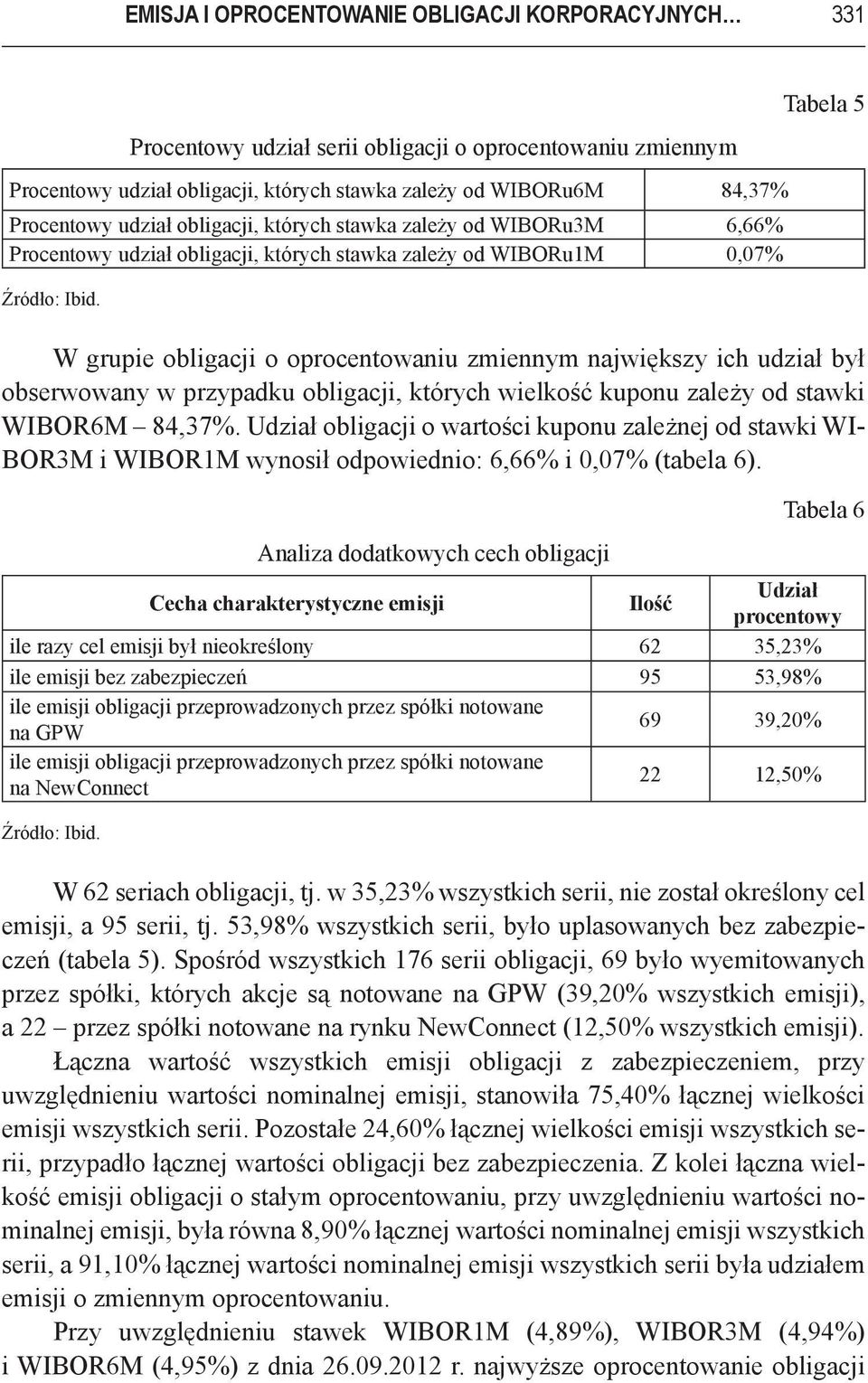 Tabela 5 W grupie obligacji o oprocentowaniu zmiennym największy ich udział był obserwowany w przypadku obligacji, których wielkość kuponu zależy od stawki WIBOR6M 84,37%.