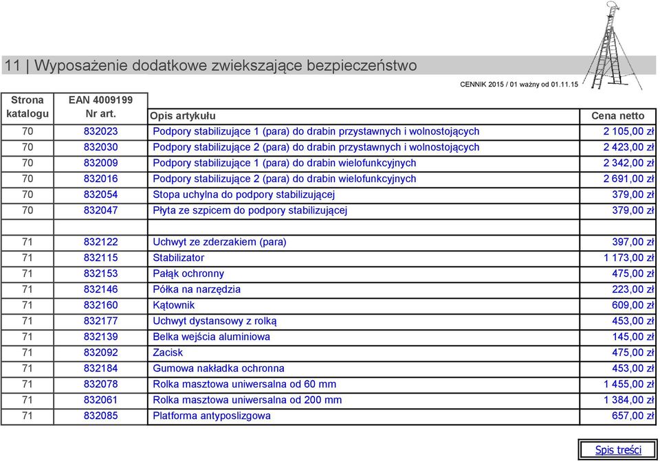 wielofunkcyjnych 2 342,00 zł 70 832016 Podpory stabilizujące 2 (para) do drabin wielofunkcyjnych 2 691,00 zł 70 832054 Stopa uchylna do podpory stabilizującej 379,00 zł 70 832047 Płyta ze szpicem do