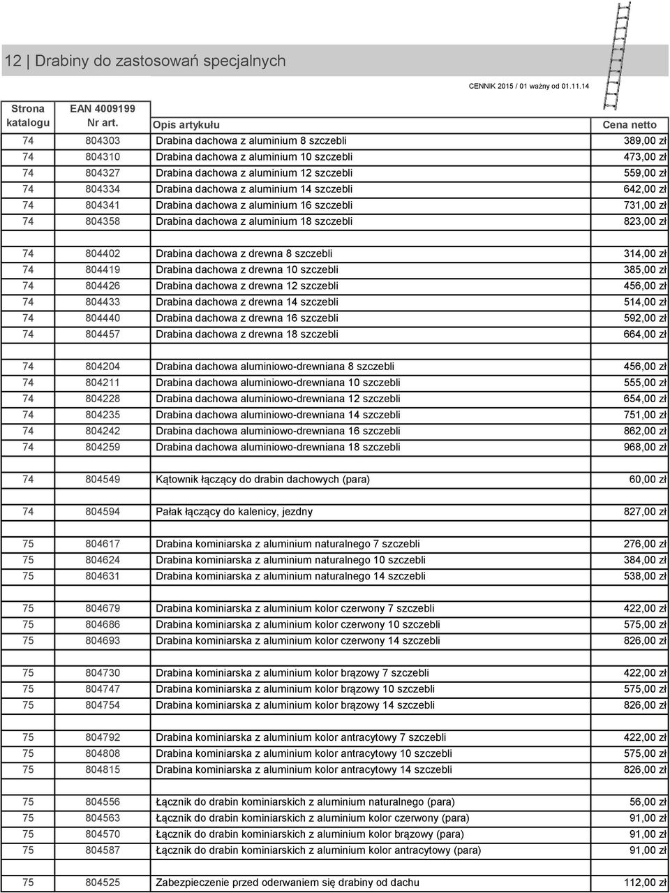 804334 Drabina dachowa z aluminium 14 szczebli 642,00 zł 74 804341 Drabina dachowa z aluminium 16 szczebli 731,00 zł 74 804358 Drabina dachowa z aluminium 18 szczebli 823,00 zł 74 804402 Drabina