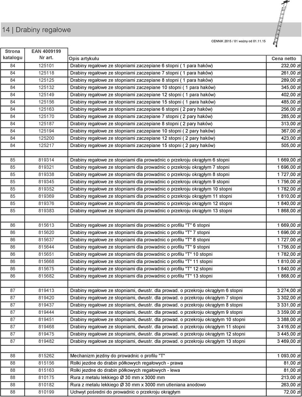 Drabiny regałowe ze stopniami zaczepiane 8 stopni ( 1 para haków) 289,00 zł 84 125132 Drabiny regałowe ze stopniami zaczepiane 10 stopni ( 1 para haków) 345,00 zł 84 125149 Drabiny regałowe ze