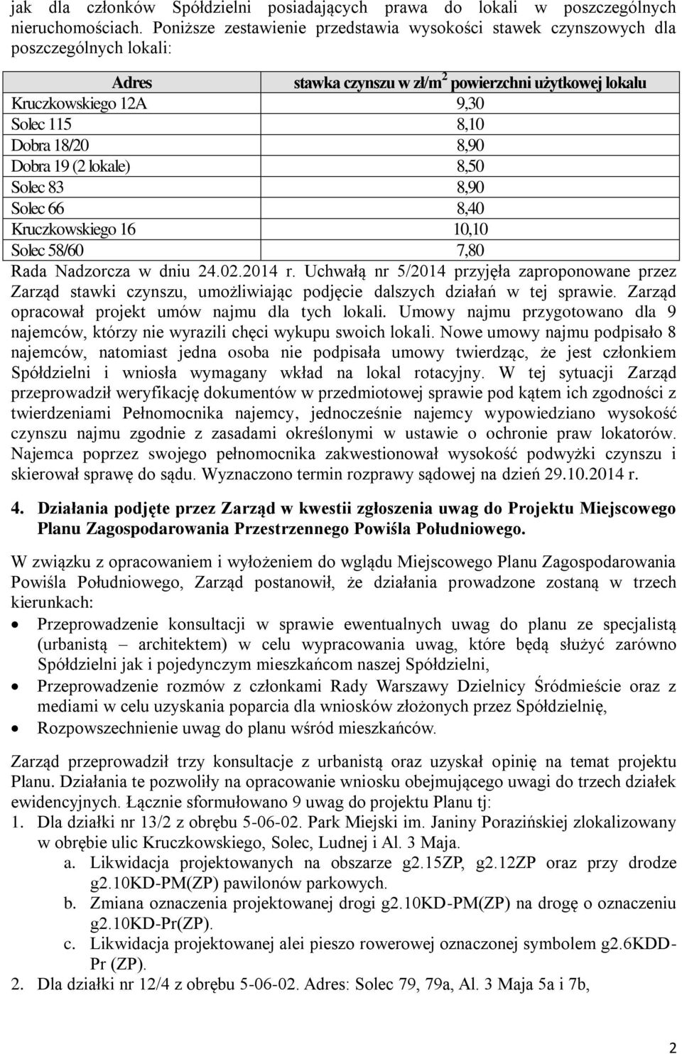 8,90 Dobra 19 (2 lokale) 8,50 Solec 83 8,90 Solec 66 8,40 Kruczkowskiego 16 10,10 Solec 58/60 7,80 Rada Nadzorcza w dniu 24.02.2014 r.