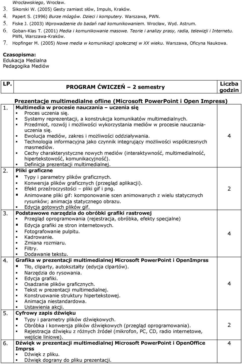 7. Hopfinger M. (005) Nowe media w komunikacji społecznej w XX wieku. Warszawa, Oficyna Naukowa. Czasopisma: Edukacja Medialna Pedagogika Mediów LP.