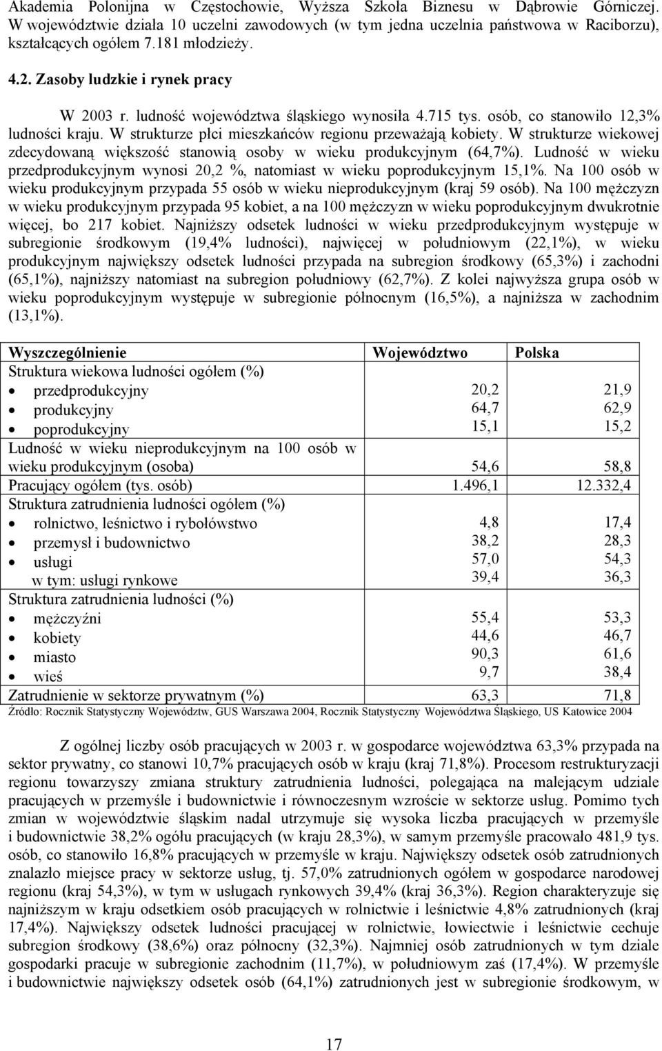 W strukturze płci mieszkańców regionu przeważają kobiety. W strukturze wiekowej zdecydowaną większość stanowią osoby w wieku produkcyjnym (64,7%).