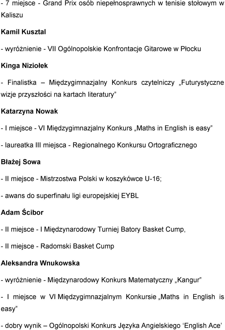 - Regionalnego Konkursu Ortograficznego Błażej Sowa - II miejsce - Mistrzostwa Polski w koszykówce U-16; - awans do superfinału ligi europejskiej EYBL Adam Ścibor - II miejsce - I Międzynarodowy