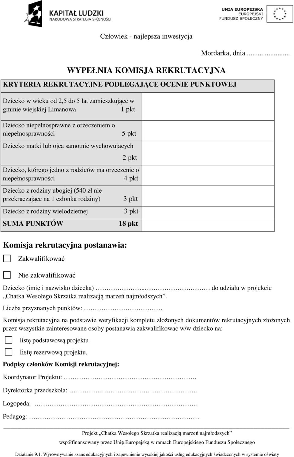 przekraczające na 1 członka rodziny) Dziecko z rodziny wielodzietnej SUMA PUNKTÓW 3 pkt 3 pkt 18 pkt Mordarka, dnia.