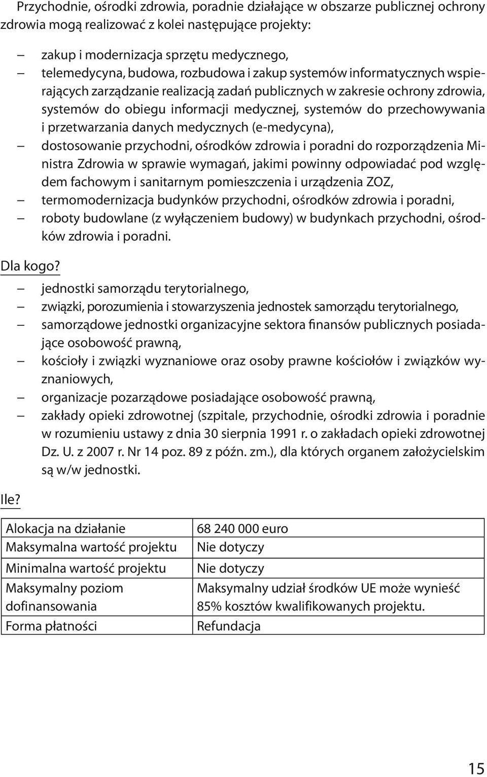 przetwarzania danych medycznych (e-medycyna), dostosowanie przychodni, ośrodków zdrowia i poradni do rozporządzenia Ministra Zdrowia w sprawie wymagań, jakimi powinny odpowiadać pod względem fachowym