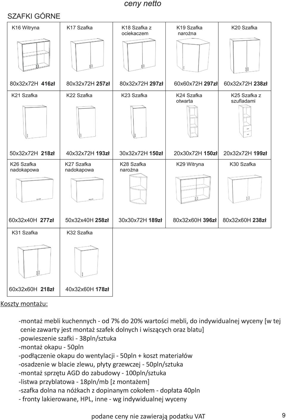 nadokapowa naro na 60x32x40H 277z³ 50x32x40H 258z³ 30x30x72H 189z³ 80x32x60H 396z³ 80x32x60H 238z³ K31 Szafka K32 Szafka 60x32x60H 218z³ 40x32x60H 178z³ Koszty monta u: -monta mebli kuchennych - od