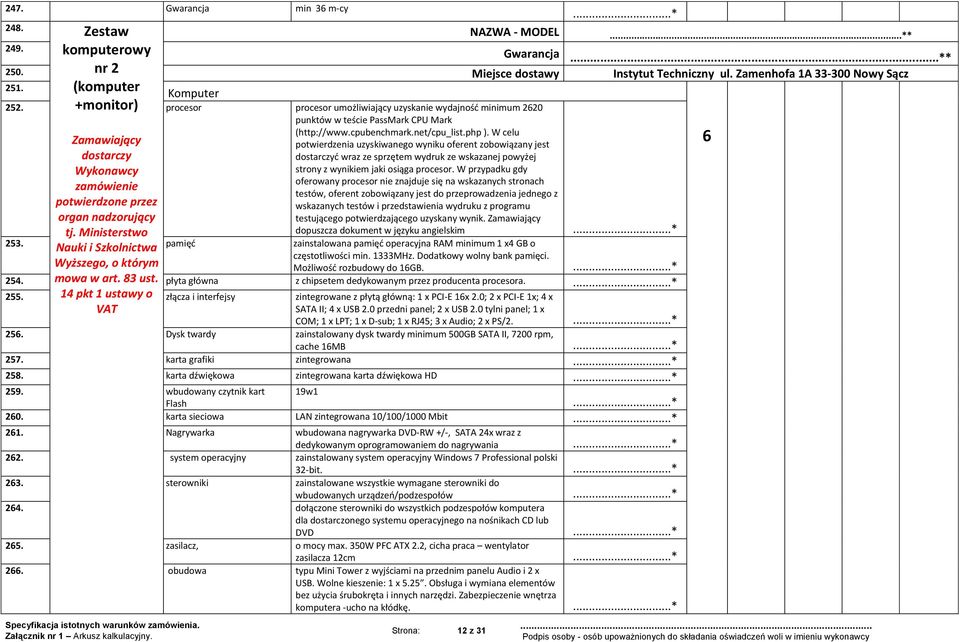 Zamenhofa 1A 33-300 Nowy Sącz Komputer 252. procesor procesor umożliwiający uzyskanie wydajnośd minimum 2620 punktów w teście PassMark CPU Mark (http://www.cpubenchmark.net/cpu_list.php ).