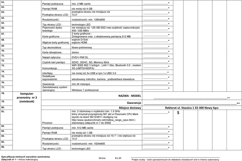 2 karty graficzne : Karta graficzna Zintegrowana oraz z dedykowaną pamięcią 512 MB 68. wyjście D-Sub Wyjścia karty graficznej wyjście HDMI 69. Typ akumulatora litowo-polimerowy 70.