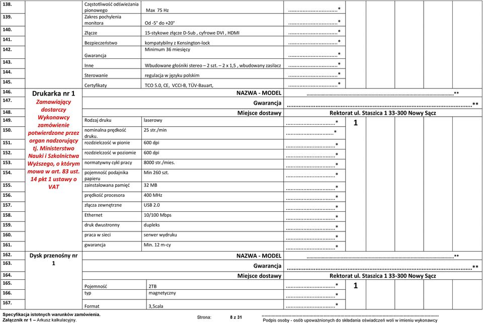 Certyfikaty TCO 5.0, CE, VCCI-B, TÜV-Bauart, 146. Drukarka nr 1 NAZWA - MODEL...* 147. Zamawiający Gwarancja...* 148. dostarczy Miejsce dostawy Rektorat ul. Staszica 1 33-300 Nowy Sącz 149.