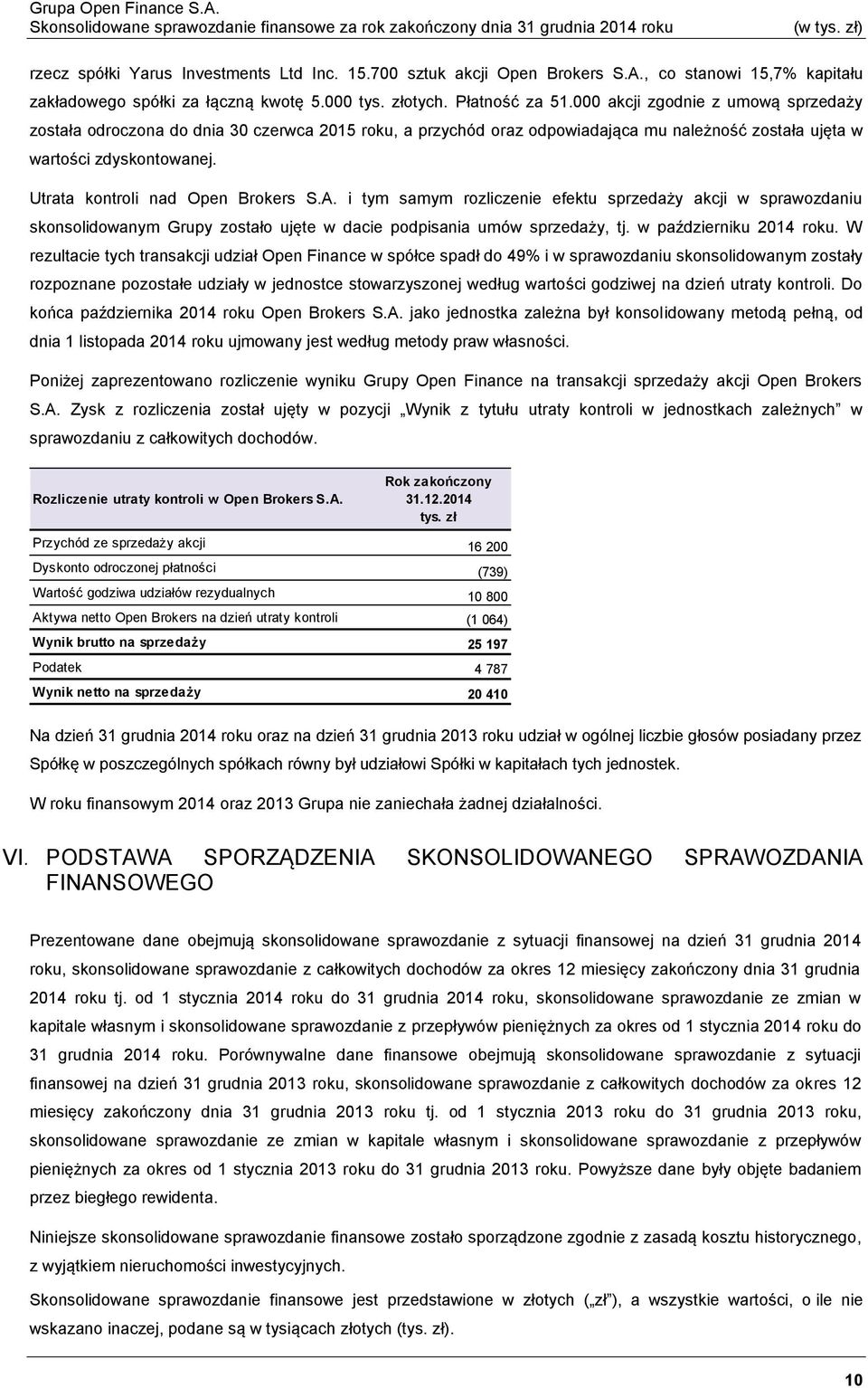 Utrata kontroli nad Open Brokers S.A. i tym samym rozliczenie efektu sprzedaży akcji w sprawozdaniu skonsolidowanym Grupy zostało ujęte w dacie podpisania umów sprzedaży, tj. w październiku 2014 roku.