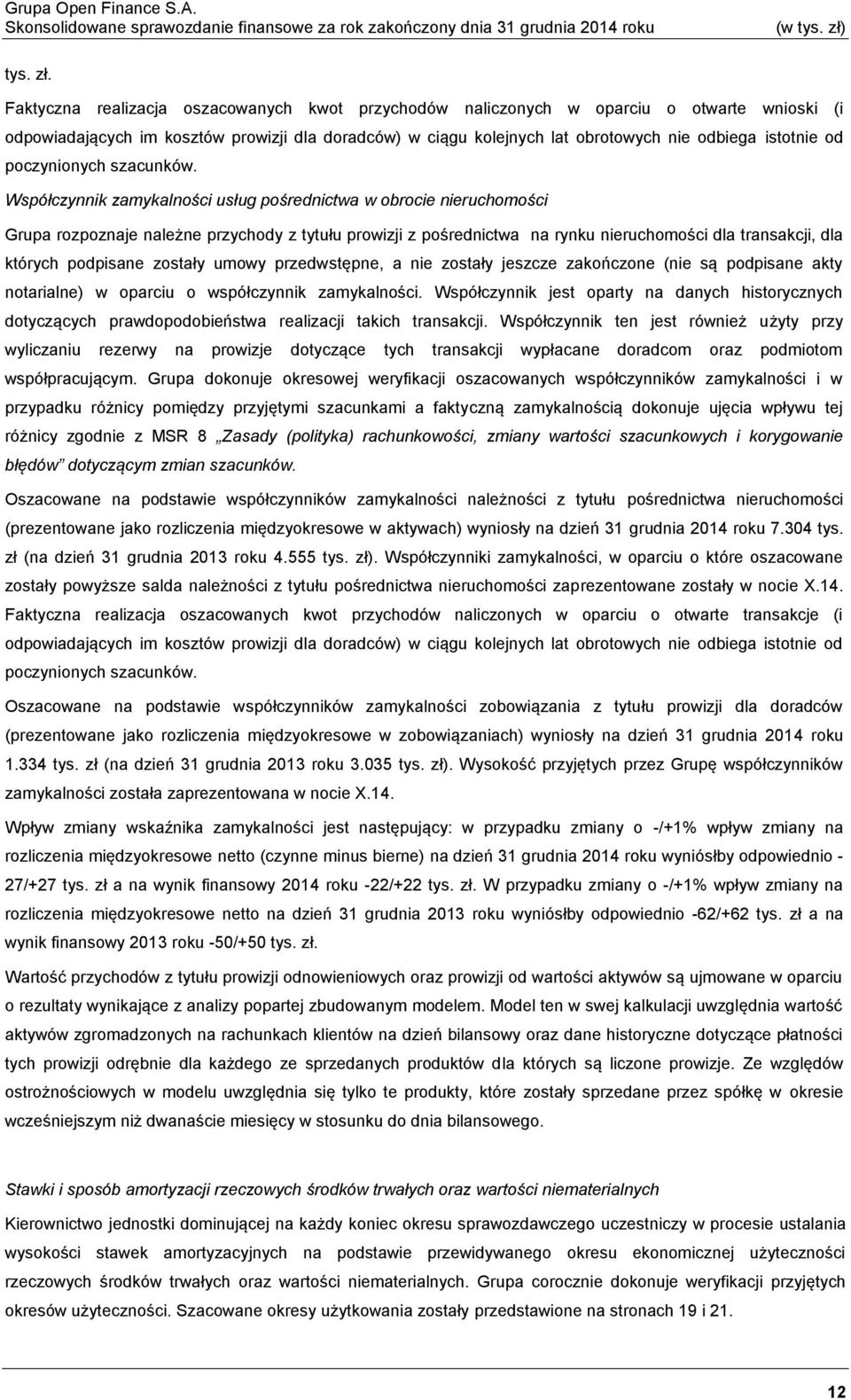 Współczynnik zamykalności usług pośrednictwa w obrocie nieruchomości Grupa rozpoznaje należne przychody z tytułu prowizji z pośrednictwa na rynku nieruchomości dla transakcji, dla których podpisane