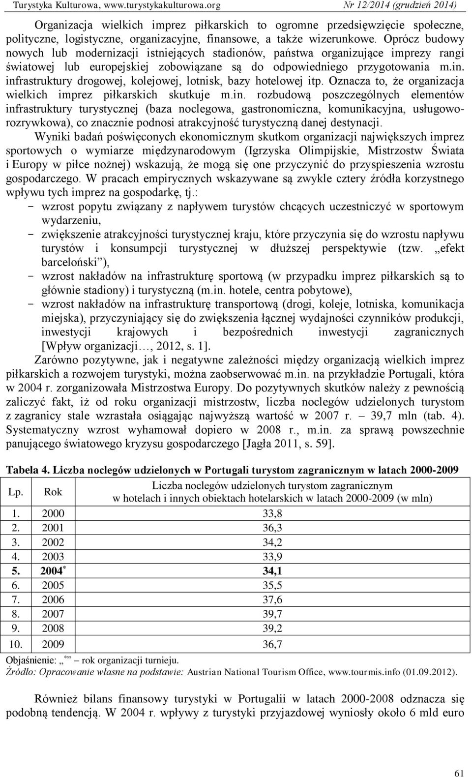 infrastruktury drogowej, kolejowej, lotnisk, bazy hotelowej itp. Oznacza to, że organizacja wielkich imprez piłkarskich skutkuje m.in. rozbudową poszczególnych elementów infrastruktury turystycznej (baza noclegowa, gastronomiczna, komunikacyjna, usługoworozrywkowa), co znacznie podnosi atrakcyjność turystyczną danej destynacji.