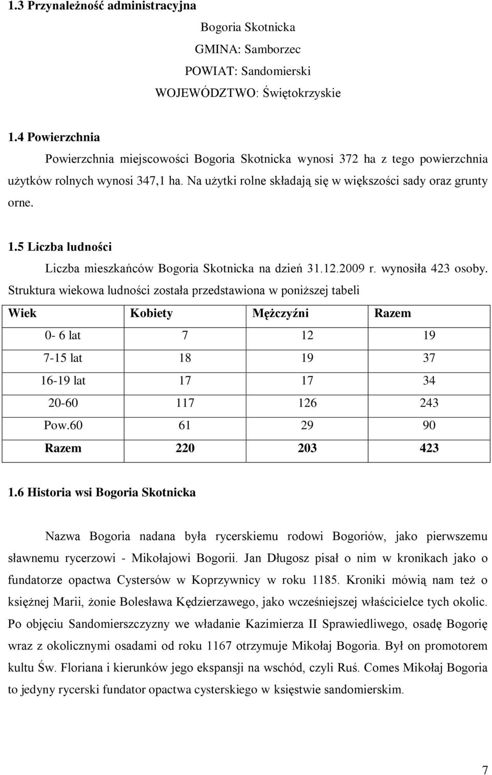 5 Liczba ludności Liczba mieszkańców Bogoria Skotnicka na dzień 31.12.2009 r. wynosiła 423 osoby.