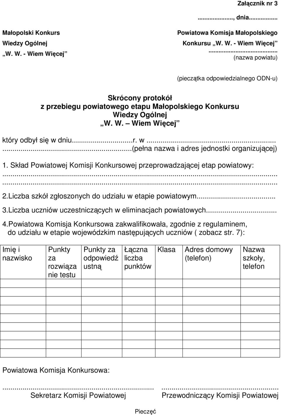 Liczba szkół zgłoszonych do udziału w etapie powiatowym... 3.Liczba uczniów uczestniczących w eliminacjach powiatowych... 4.