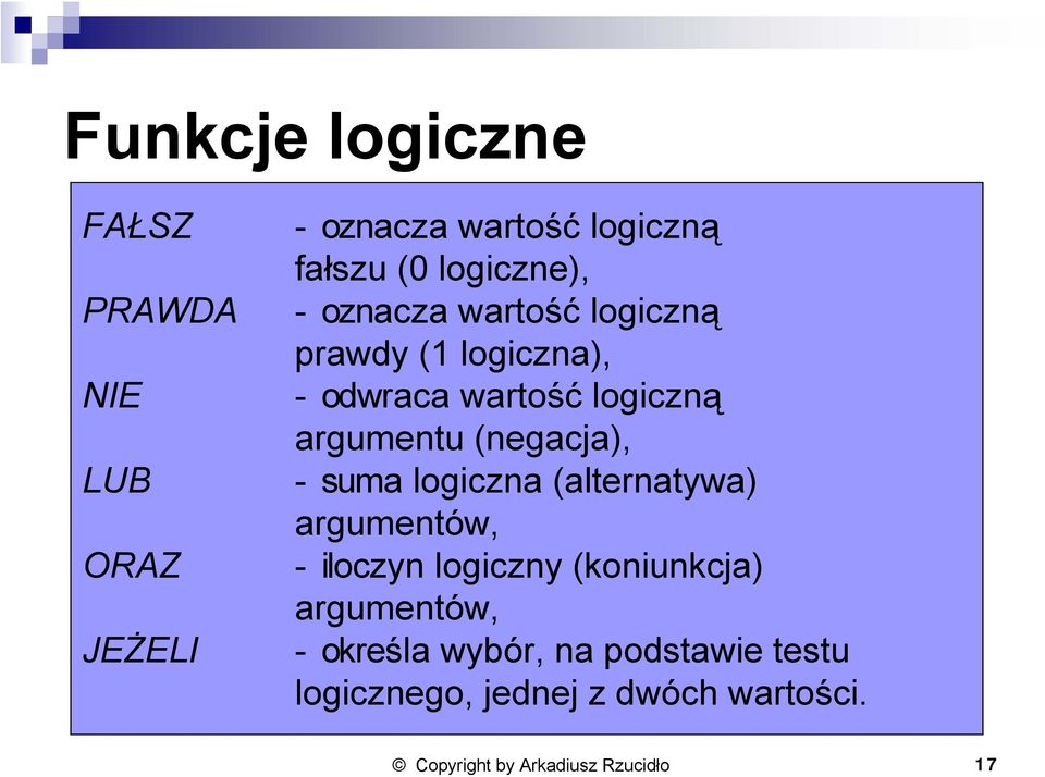 (negacja), - suma logiczna (alternatywa) argumentów, - iloczyn logiczny (koniunkcja)