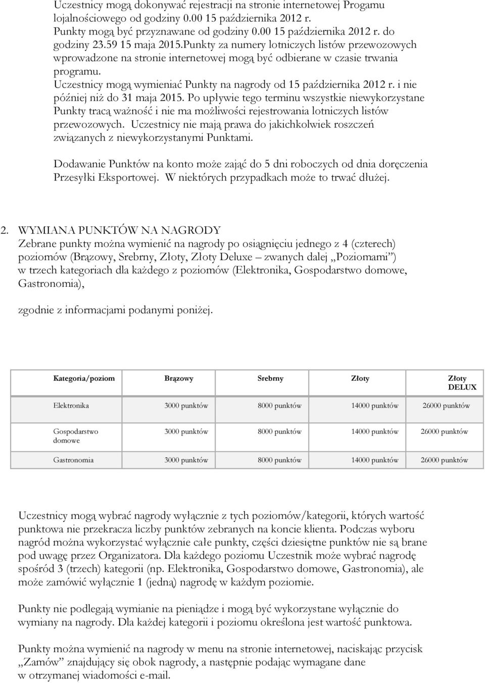 Uczestnicy mogą wymieniać Punkty na nagrody od 15 października 2012 r. i nie później niż do 31 maja 2015.