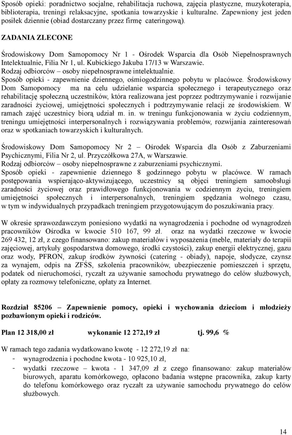 ZADANIA ZLECONE Środowiskowy Dom Samopomocy Nr 1 - Ośrodek Wsparcia dla Osób Niepełnosprawnych Intelektualnie, Filia Nr 1, ul. Kubickiego Jakuba 17/13 w Warszawie.