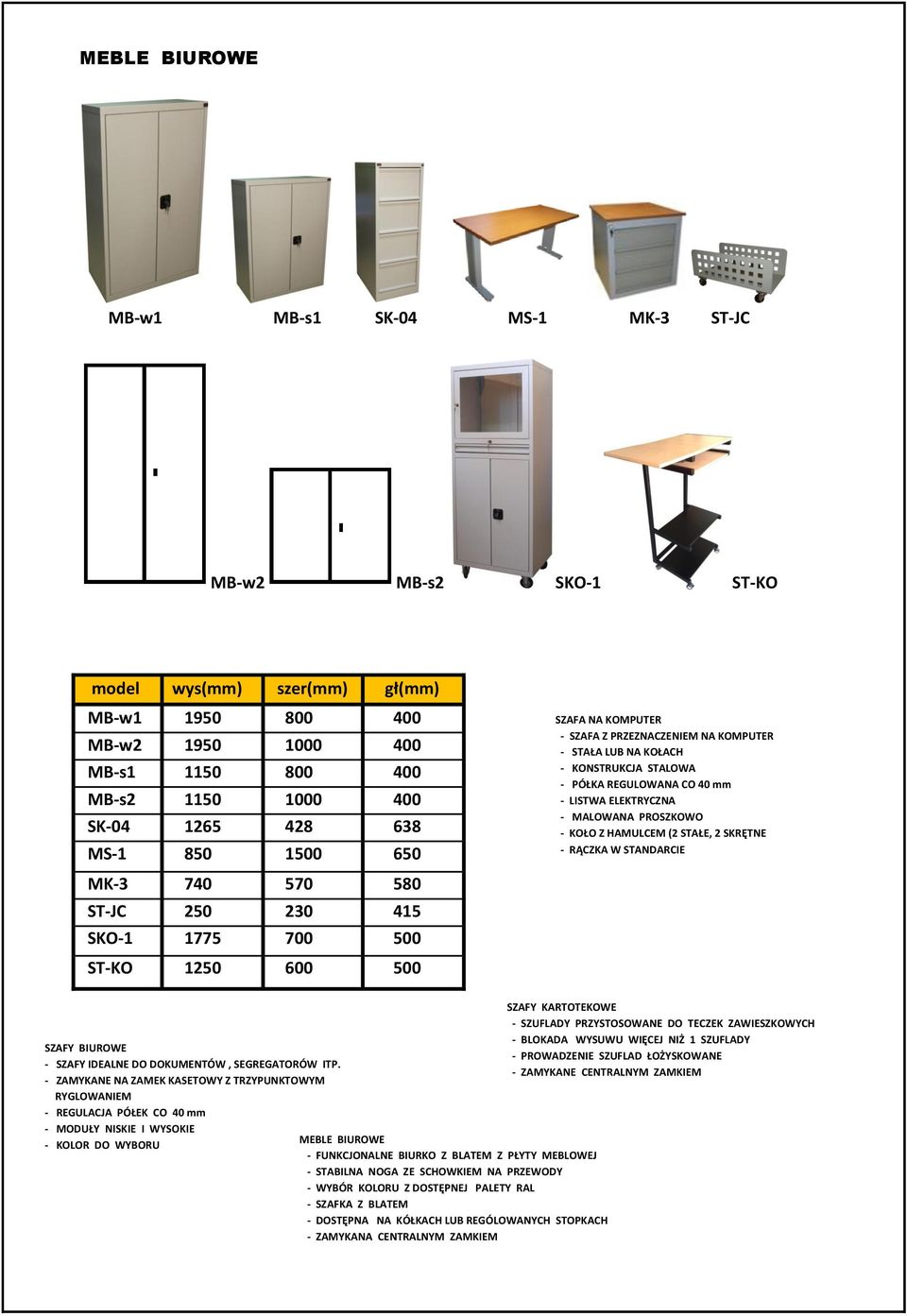 HAMULCEM (2 STAŁE, 2 SKRĘTNE - RĄCZKA W STANDARCIE MK-3 740 570 580 ST-JC 250 230 415 SKO-1 1775 700 500 ST-KO 1250 600 500 SZAFY BIUROWE - SZAFY IDEALNE DO DOKUMENTÓW, SEGREGATORÓW ITP.