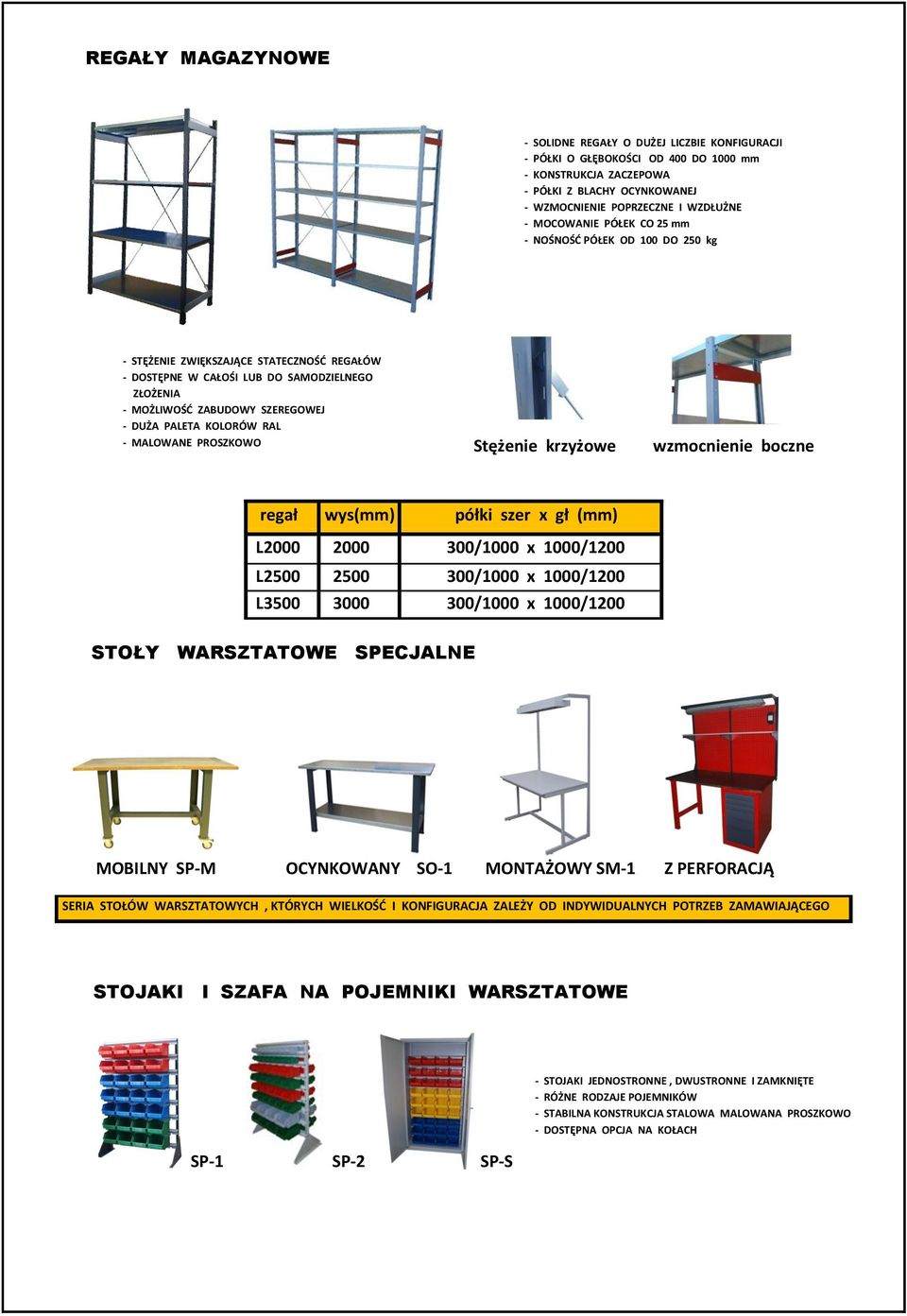 KOLORÓW RAL Stężenie krzyżowe wzmocnienie boczne regał wys(mm) półki szer x gł (mm) L2000 2000 300/1000 x 1000/1200 L2500 2500 300/1000 x 1000/1200 L3500 3000 300/1000 x 1000/1200 STOŁY WARSZTATOWE