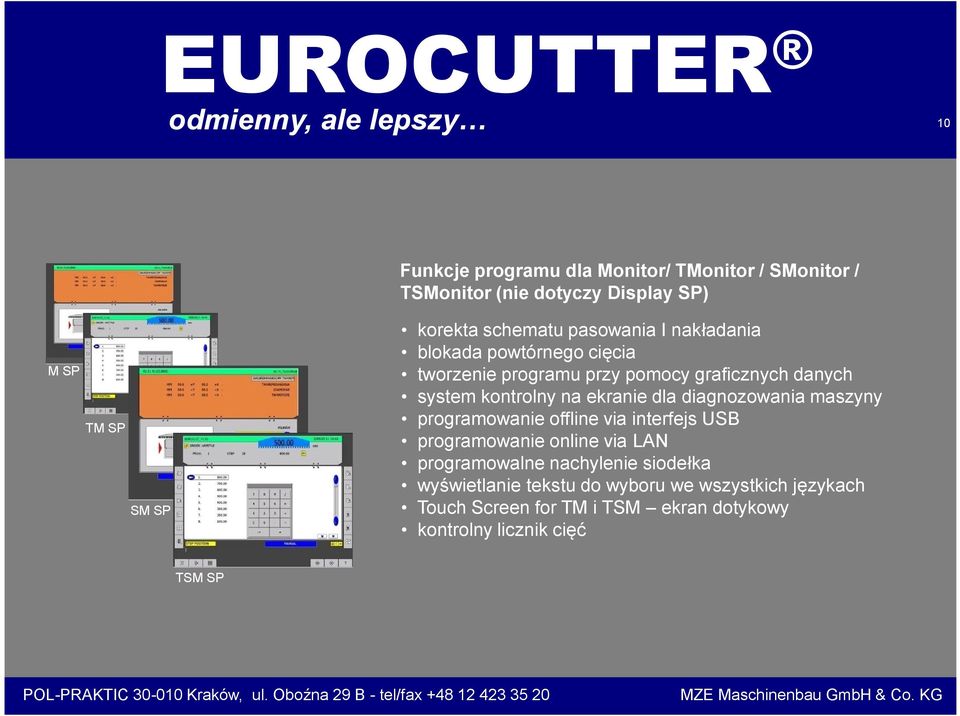 ekranie dla diagnozowania maszyny programowanie offline via interfejs USB programowanie online via LAN programowalne nachylenie