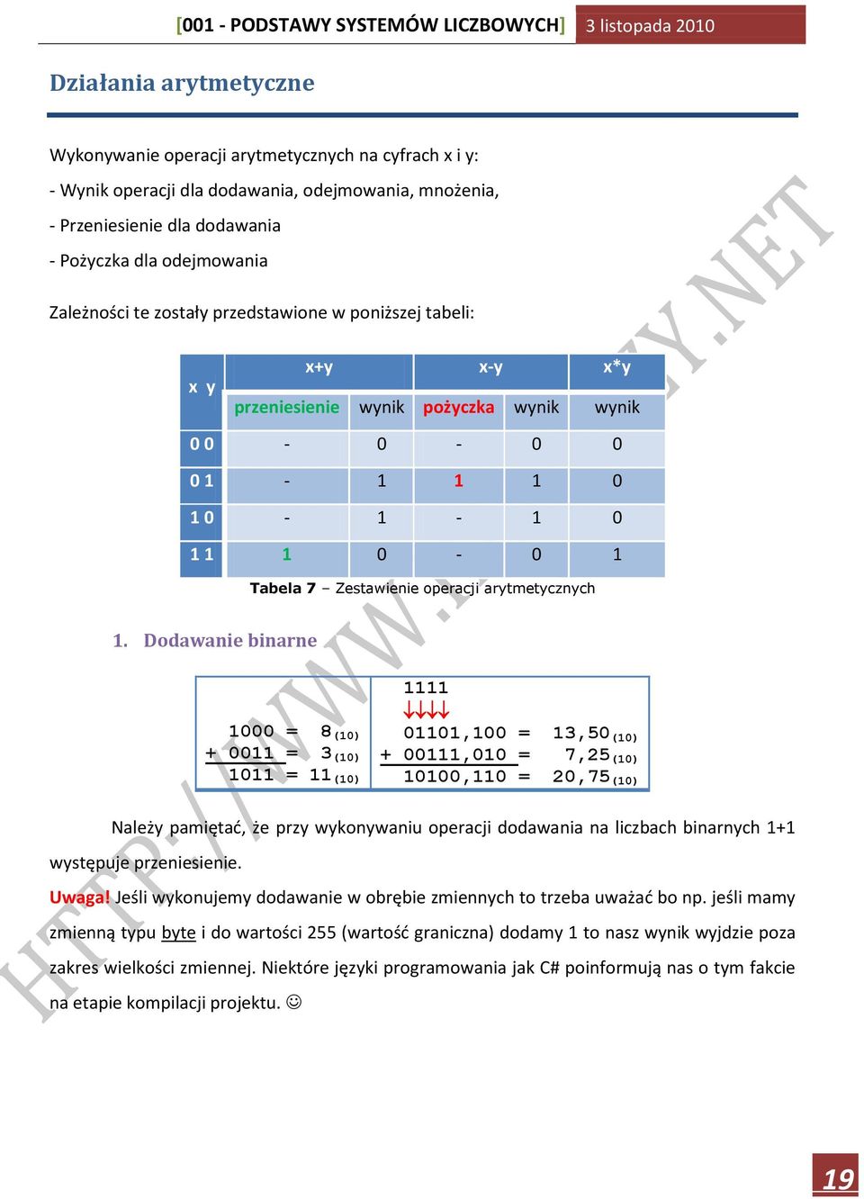 Dodawanie binarne 1000 = 8 (10) + 0011 = 3 (10) 1011 = 11 (10) 1111 01101,100 = 13,50 (10) + 00111,010 = 7,25 (10) 10100,110 = 20,75 (10) Należy pamiętad, że przy wykonywaniu operacji dodawania na