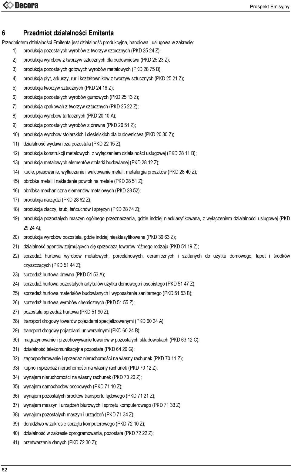 sztucznych (PKD 25 21 Z); 5) produkcja tworzyw sztucznych (PKD 24 16 Z); 6) produkcja pozostałych wyrobów gumowych (PKD 25 13 Z); 7) produkcja opakowań z tworzyw sztucznych (PKD 25 22 Z); 8)