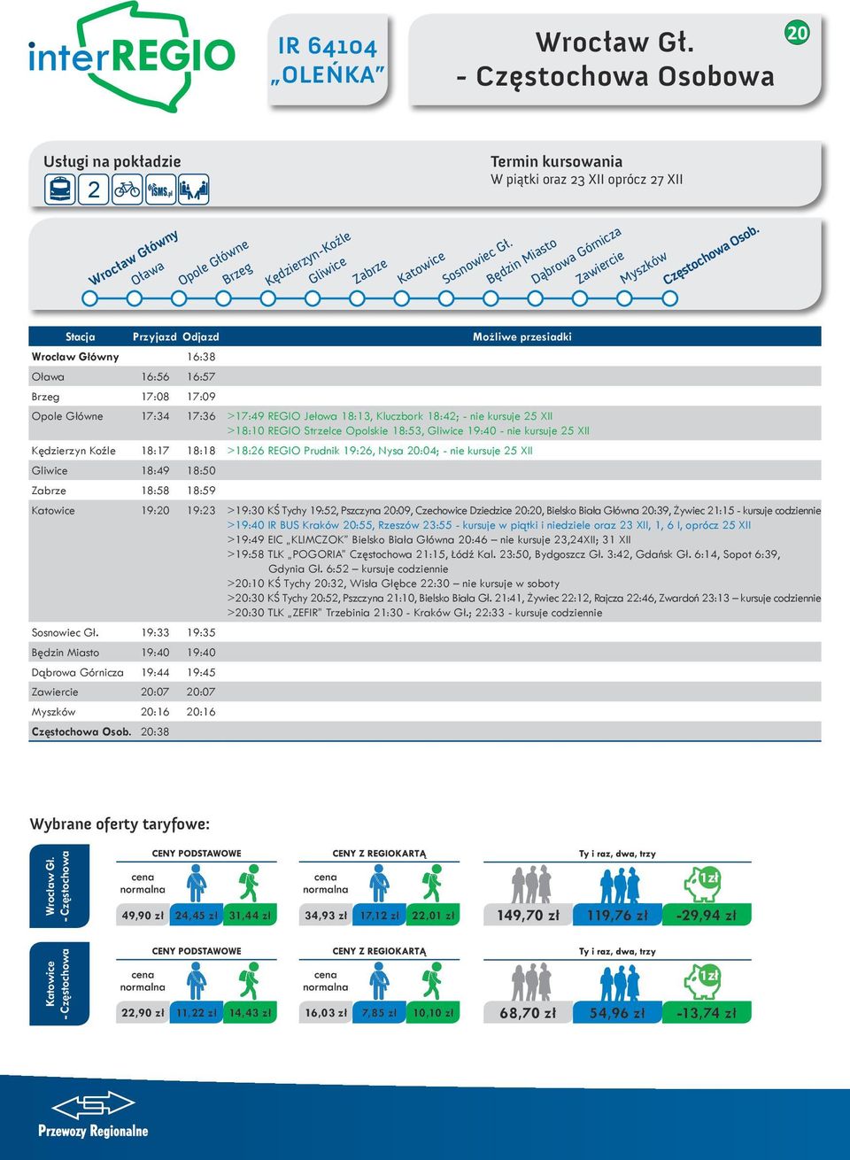 25 XII >18:10 REGIO Strzelce Opolskie 18:53, Gliwice 19:40 - nie kursuje 25 XII Kędzierzyn Koźle 18:17 18:18 >18:26 REGIO Prudnik 19:26, Nysa 20:04; - nie kursuje 25 XII Gliwice 18:49 18:50 Zabrze