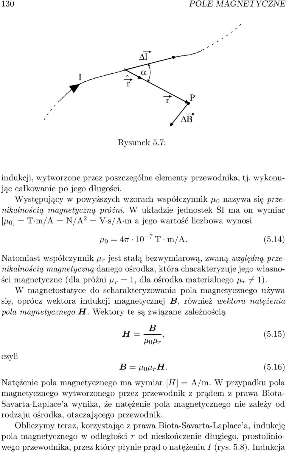 W układzie jednostek ma on wymia [µ 0 ] = T m/a = /A 2 = V s/a m a jego watość liczbowa wynosi µ 0 = 4π 10 7 T m/a. (5.