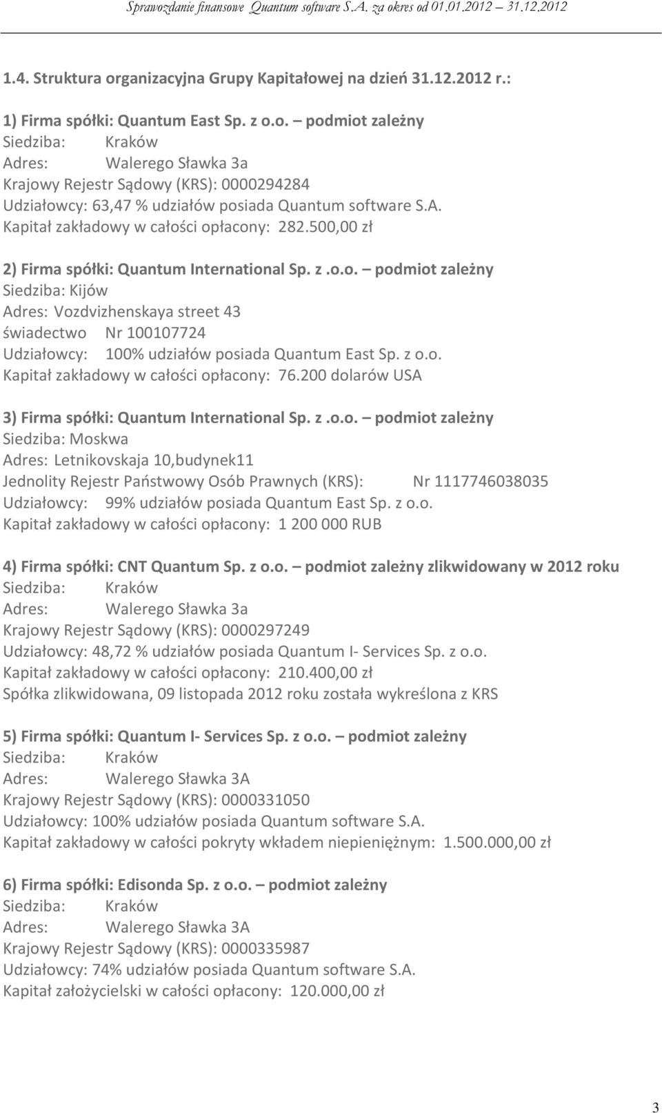 z o.o. Kapitał zakładowy w całości opłacony: 76.200 dolarów USA 3) Firma spółki: Quantum International Sp. z.o.o. podmiot zależny Siedziba: Moskwa Adres: Letnikovskaja 10,budynek11 Jednolity Rejestr Państwowy Osób Prawnych (KRS): Nr 1117746038035 Udziałowcy: 99% udziałów posiada Quantum East Sp.