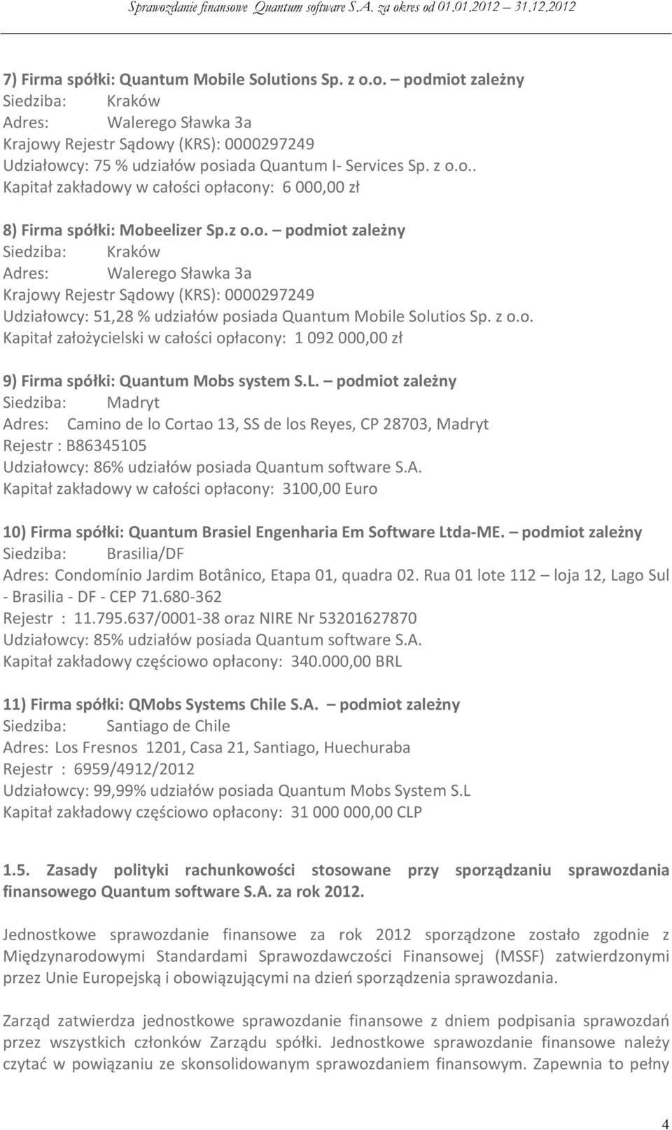 z o.o. Kapitał założycielski w całości opłacony: 1 092 000,00 zł 9) Firma spółki: Quantum Mobs system S.L.