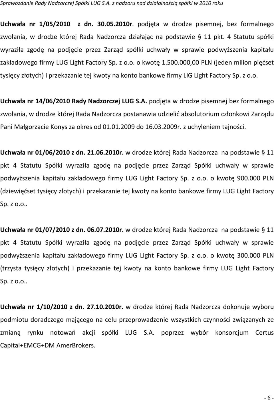 000,00 PLN (jeden milion pięćset tysięcy złotych) i przekazanie tej kwoty na konto bankowe firmy LIG Light Factory Sp. z o.o. Uchwała nr 14/06/2010 Rady Nadzorczej LUG S.A.