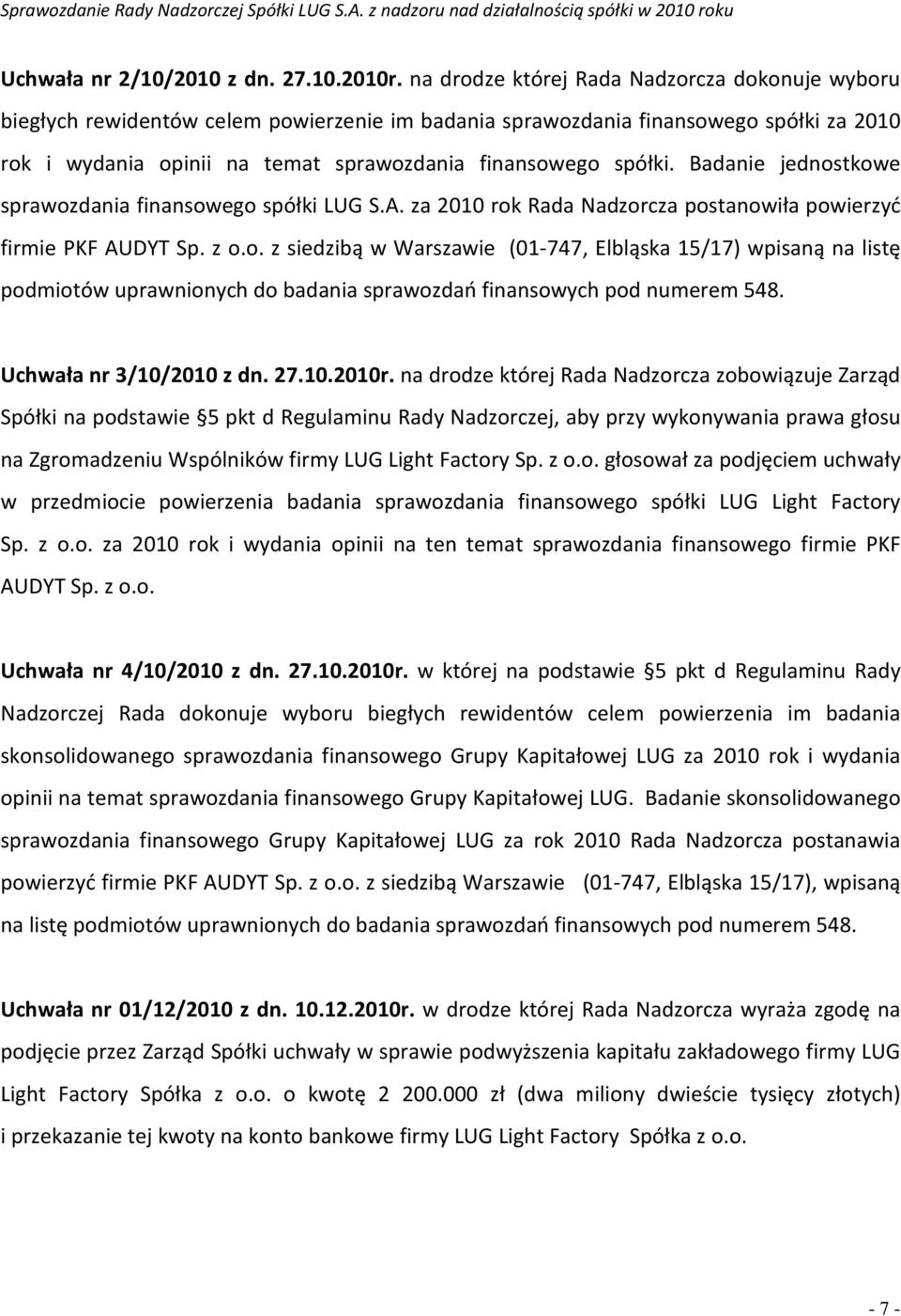 Badanie jednostkowe sprawozdania finansowego spółki LUG S.A. za 2010 rok Rada Nadzorcza postanowiła powierzyć firmie PKF AUDYT Sp. z o.o. z siedzibą w Warszawie (01-747, Elbląska 15/17) wpisaną na listę podmiotów uprawnionych do badania sprawozdań finansowych pod numerem 548.