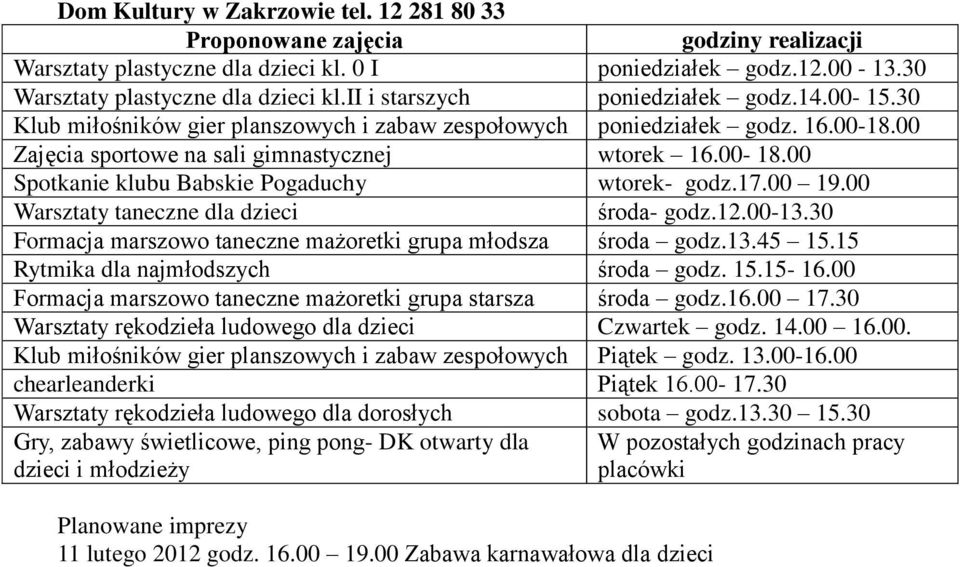 17.00 19.00 Warsztaty taneczne dla dzieci środa- godz.12.00-13.30 Formacja marszowo taneczne mażoretki grupa młodsza środa godz.13.45 15.15 Rytmika dla najmłodszych środa godz. 15.15-16.